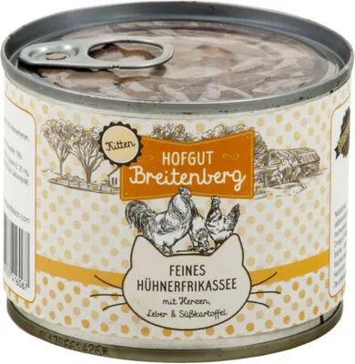 Produktbild von Hofgut Breitenberg Feines Hühnerfrikassee, Adult, jede Rasse, Herz, Leber, Süßkartoffeln, 180 g, Ohne Soja