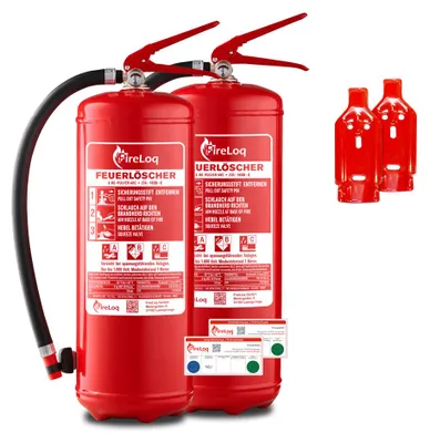 Produktbild von FireLoq 2x 6L Schaum Feuerlöscher für Brandklasse AB mit 27A | 233B ergibt 9LE Dauerdruck inkl. Prüfnachweis,Wandhalter und Manometer