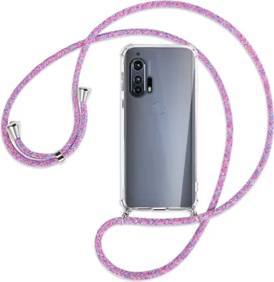 Produktbild von Handykette Backcover-Schutzhülle mit Band (Metall silberfarben) für Motorola Edge Plus - lila/rosa/blau