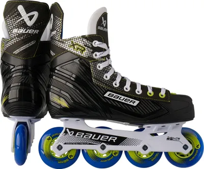 A pair of black and yellow Bauer inline hockey skates shown from a side-angle against a white background.
