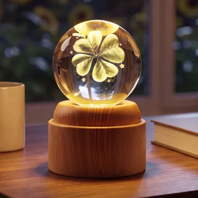 Kristallkugel 60 mm mit LED, 3D Kleeblatt-Gravur, Nachtlicht, Holzsockel