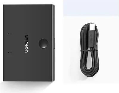 A black USB switch and a black USB cable are shown against a white background.