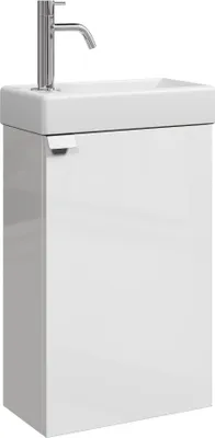 A white, modern bathroom vanity set with a chrome faucet, shown against a white background.