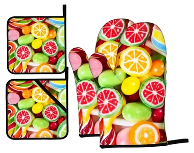 Produktbild von Ofenhandschuhe und Topflappen im Set, 4 rutschfeste Grillhandschuhe, hitzebeständig für Küche, Kochen, Backen, Grillen