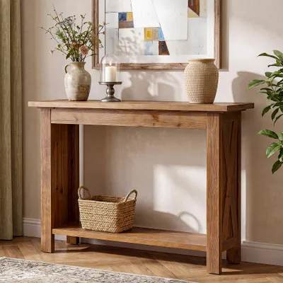 Immagine prodotto di Consolle da 105 cm in legno massello, ideale per l'ingresso, con piano di appoggio. Tavolino da divano in stile rustico con piano di 3 cm di spessore