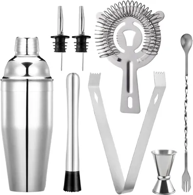 Image de Shaker à cocktails 750 ml - Ensemble de cocktails 8 pièces en acier inoxydable - Shaker professionnel avec filtre - Doseur - Cuillère - Verseur