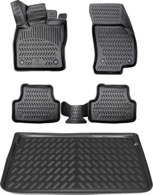 A set of car floor mats and a trunk liner, displayed against a white background.