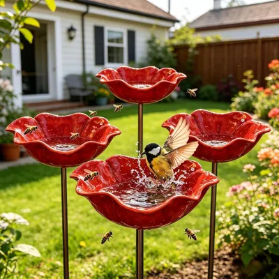 Produktbild von 4 Stuick, Vogeltränke Blume aus Metall,Handgefertigter Gartenstecker,Winterfeste Vogeltränke & Insektentränke,Bienentränke für Garten und Terrasse,Rot
