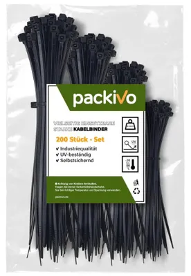 Produktbild von Kabelbinder Set Sortiment, Schwarz/Weiss - 100/150/200/300 mm (200 Stück), Schwarz