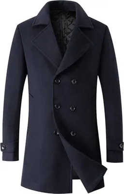 Produktbild von Pánský zimní kabát s dlouhým rukávem ASKSA Turn Down Collar Double Breasted Wool Coat Trench Coat, modrá, 2XL