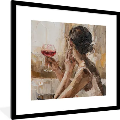 Produktbild von MuchoWow® Gerahmtes Poster Gemälde - Ölfarbe - Frau - Wein 40x40 cm - Poster mit Schwarzem Bilderrahmen Wandposter Rahmen Foto Bilder - Poster - Plakat im Rahmen