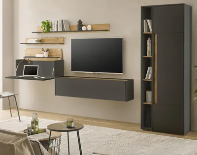 Produktbild von Wohnwand mit Sekretär "Center" in grau matt und Wotan Eiche Wohnkombination 6-teilig 340 x 200 cm
