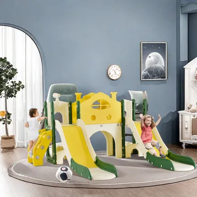 Image de ProximaX 7 en 1 Toboggan pour enfants, (ensemble, avec 2 toboggans, fenêtre télescopique，Petite fenêtre，Grille，Echelle des lettres，Tunnel，Toboggan，Entrepôt), Jouets d'escalade pour enfants, Fabriqué en PEHD