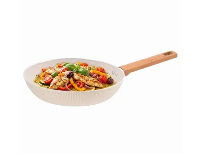 Produktbild von Granit Bratpfanne Ø 20 cm Induktion Antihaft | Aluminium-Pfanne Crème mit Griff in Holzoptik | Kleine Universalpfanne beschichtet