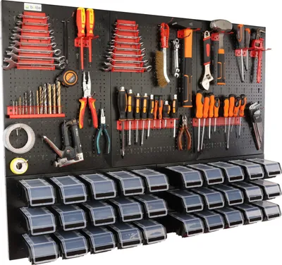 Produktbild von botle® Werkzeugwand Lochwand aus Metall, Stapelboxen + Wandregal + Werkzeughalter 47-tlg Set, Kleinteilelager,  Wandwerkstatt mit 20 stapelbaren Behältern, Hängeregal Sortierregal
