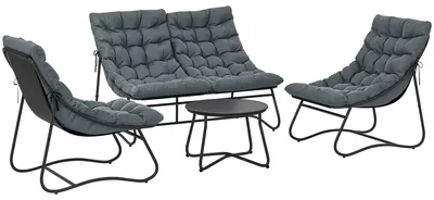 Produktbild von 4-Sitzer Gartenmöbel-Set, 2 Stühle, 1 Doppel-Sofa, 1 Tisch, dicke Kissen, Stahlrahmen, für Terrasse, Grau