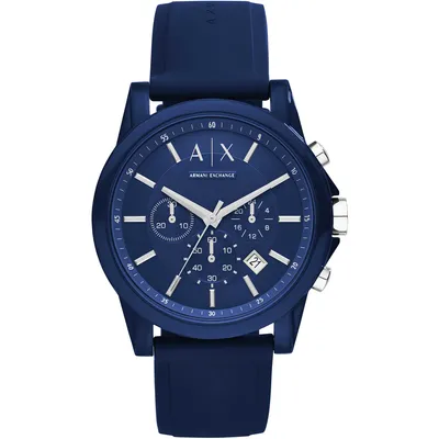 A close-up, front-facing studio shot of a blue Armani Exchange chronograph watch against a white background.