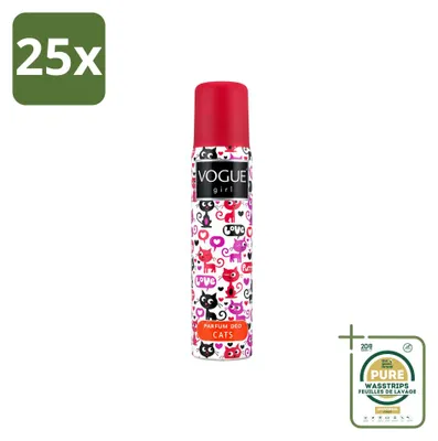 Productafbeelding van 25 x Vogue Girl Cats Deodorant - Witte chocolade en jasmijn - 100 ml - Verpakking met 25 stuks