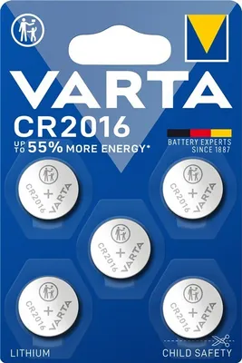 A retail package of VARTA CR2016 lithium coin cell batteries.