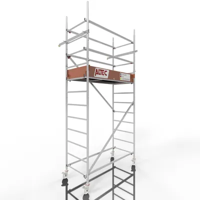 A mobile scaffolding unit with wheels, shown against a white background.