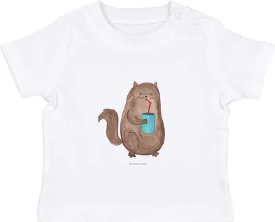 Produktbild von Mr. & Mrs. Panda Babyshirt Katze Dose 12. - 18. Monat - Weiß - Geschenk, Baby  Shirt, Organic T-Shirt, Katzen, Haustier, Cats, trinken, Durstig, Öko