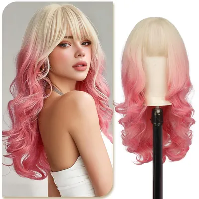 Obrázek produktu pro Paruka 60 cm - Dlouhá, vlnitá paruka - Syntetická paruka - Blond-růžová ombre - Kudrnatá paruka - Vhodná pro cosplay/karneval - Paruka