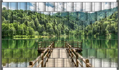 Produktbild von Wallario Zaunsichtschutz mit Motiv Steg am See in den Bergen für Ein- und Doppelstabmatten Zäune in der Größe 250 x 140 cm