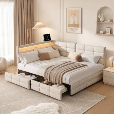 Produktbild von INONEFT Polsterbett 140 × 200 cm, Doppelbett, Erwachsenenbett mit Lattenrost und zwei Schubladen, Kinderbett mit LED und USB, Leinen, Beige