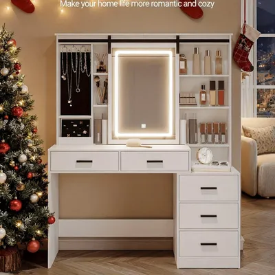 Immagine prodotto di Tavolino da trucco - Specchiera da trucco - Tavolino per il trucco - Mobile per il trucco - Specchiera - Bianco - Illuminazione LED regolabile
