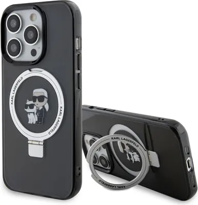 A black iPhone case with a ring stand featuring Karl Lagerfeld and Choupette.