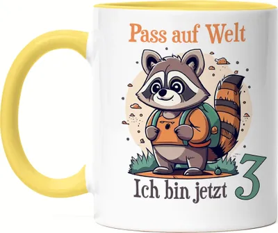 Produktbild von Pass auf Welt ich bin 3 Tasse Gelb Kindergeburtstag Geburtstagskind