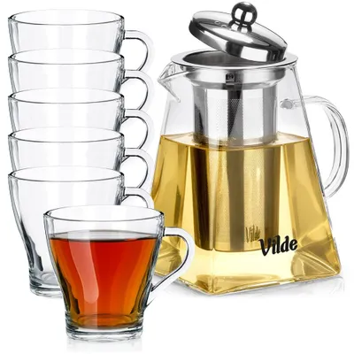 Immagine prodotto di Vilde | Teiera con filtro 920 ml - Teiera in vetro con 6 bicchieri 250 ml - Lavabile in lavastoviglie
