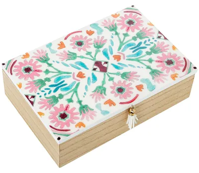 Holzkiste mit Blumen, rosa/grün, 24x16x7 cm