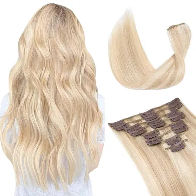 Produktbild von Clip in Extensions Echthaar 8 Stück 55g 30 cm Goldblond/Blond Balayage Remy