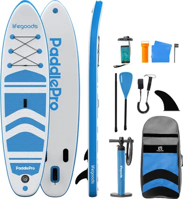 Produktbild von LifeGoods PaddlePro SUP Board - Aufblasbares Paddle Board - Komplettes Set - Max. 135 KG - 320x81 cm - Weiß/Sky Blue