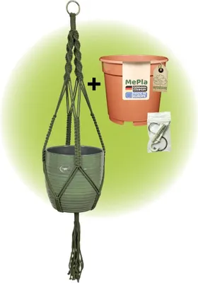 Produktbild von MePla - Set - Ampel Makramee Naturgrün - Bergamo ø19 Blattgrün + Kulturtopf ø18 + Beipack-Set 21550-001