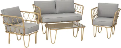 Image de Outsunny Ensemble salon de jardin 4 piššces canapšŠ 2 places + 2 fauteuils + 1 table basse plateau verre trempšŠ 7 coussins - mšŠtal et ršŠsine tressšŠe - gris