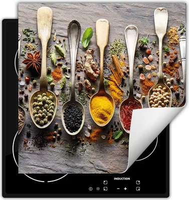 Produktbild von DarHaus Herdabdeckplatte 50x52 cm Anti Rutsch Matte Aufrollbar, Gewürze - Löffel