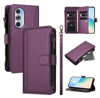 A collage of images showing a purple leather wallet-style phone case for a Motorola Moto Edge 30 Pro, with various angles and features displayed.