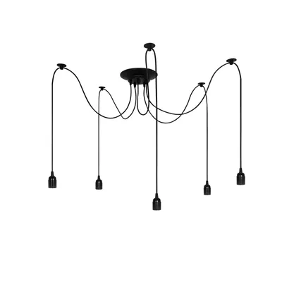 A black spider pendant light fixture with five sockets hanging from a central ceiling mount.