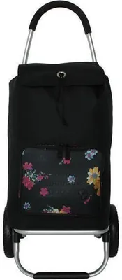 A black shopping trolley with a floral pattern on the front pocket.