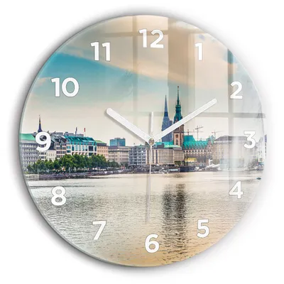 Obrázok produktu pre Wallfluent Hodiny - Okrúhle Sklenené Nástenné Hodiny - Tichý Quartz Strojček - Dekorácia Na Stenu V Spálni - Biele Hodinové Ručičky - 60cm - Binnenalster v Hamburgu