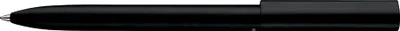 A close-up view of the tip of a black pen.