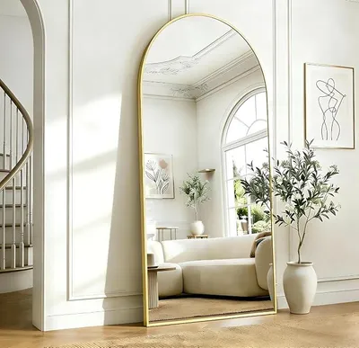 Imagen del producto de Espejo de pie Bogen, 180 x 66 cm. Espejo de cuerpo entero abovedado de gran tamaño, espejo de pared grande con marco de aluminio dorado, para colgar, para colocar de pie o inclinado, ideal para salones, dormitorios y pasillos
