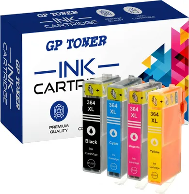 A product shot of four ink cartridges and their packaging.