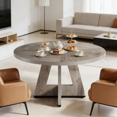 Produktbild von Runder Esstisch im Bauernhausstil, moderner Küchentisch & Kaffeetisch für Esszimmer, Wohnzimmer und Cafébereich