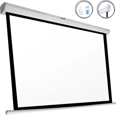 A white electric projection screen is shown, mounted on a wall.