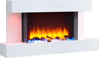 A modern white electric fireplace with a realistic flame effect and colored LED lighting.