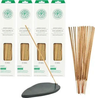 Obrázok produktu pre Vonné tyčinky aromaterapia eukalyptus 100 tyčiniek vrátane držiaka na vonné tyčinky z mydlového kameňa