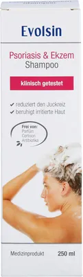 Produktbild von Evolsin Ekzem & Psoriasis Shampoo bei Schuppenflechte, Ekzemen & Neurodermitis auf Kopfhaut & Körper, 250 ml Shampoo